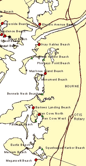 Map of Bourne beaches and Boat Ramps