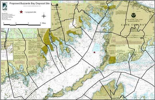 click for 1.2M B map of Buzzards Bay municipal water boundaries and proposed disposal site