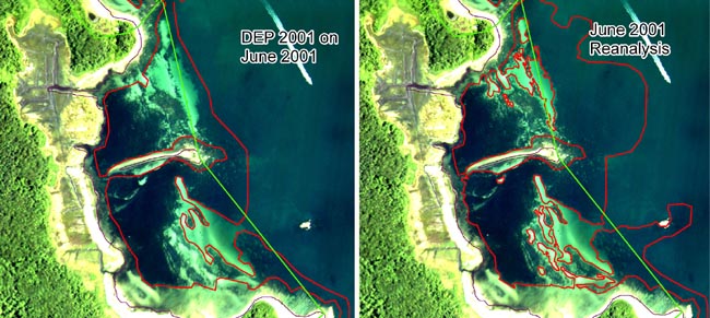 DEP 2001 eelgrass boundary versus 2001 BBP reanalysis for this study