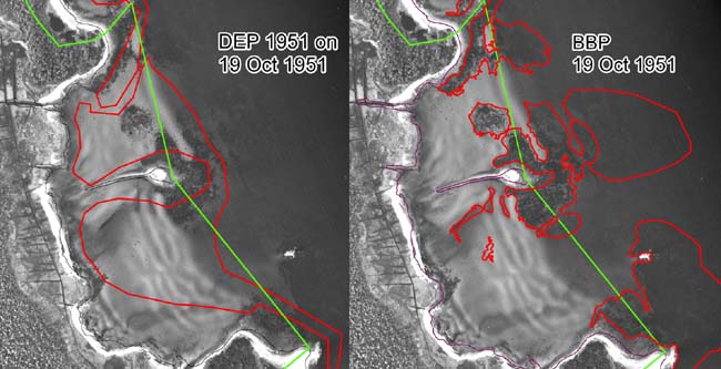 DEP 1951 eelgrass boundary versus 1951 BBP reanalysis for this study