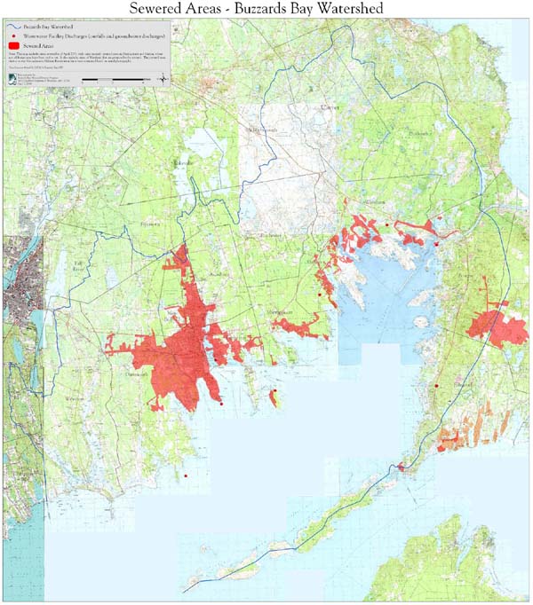 Map of the Buzzards Bay watershed showing sewered areas and major sewage discharges.
