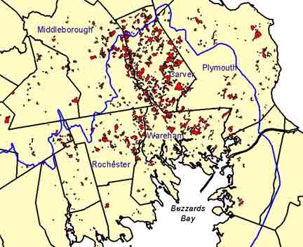 Map of cranberry bogs in Southeastern Massachusetts
