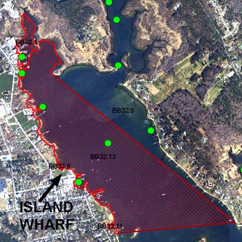 Closed shellfish beds near Island Wharf watershed Closed shellfish beds near Island Wharf watershed