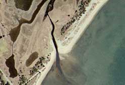 Color aerial photograph (2001) of the western entrance of Eel Pond.