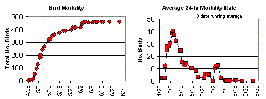 Graph of bird mortality over time resulting from the Bouchard B120 oil spill