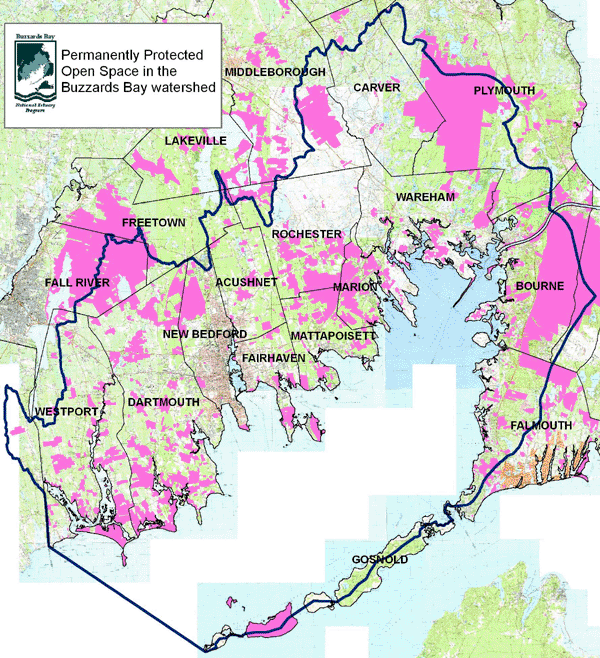 Map of protected open space in the Buzzards Bay watershed.